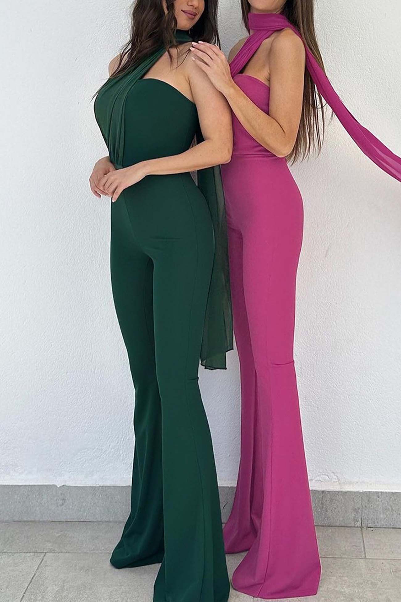 Chocker Neck Ribbon Flared Jumpsuits