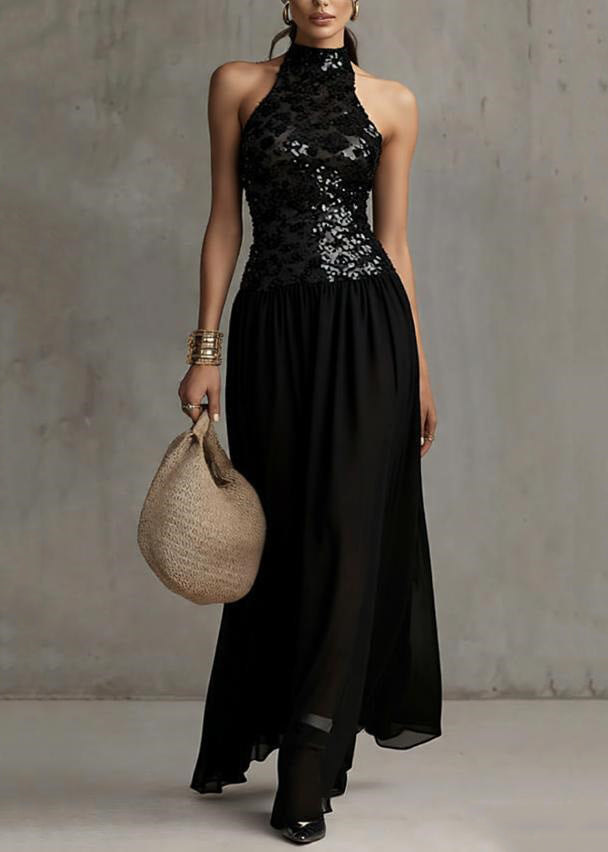 Handmade Black Backless Sequins Patchwork Tulle Long Dress Sleeveless - View 5