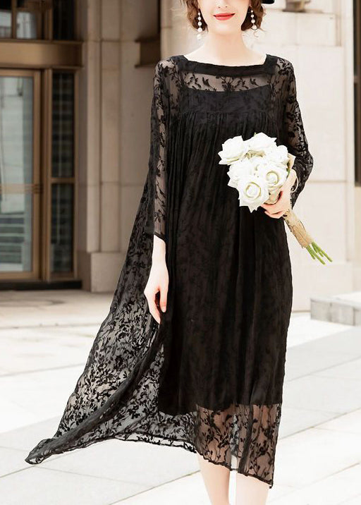 Lace Floral Sheer Yoke Long Sleeve Pleated Layered Midi Dress