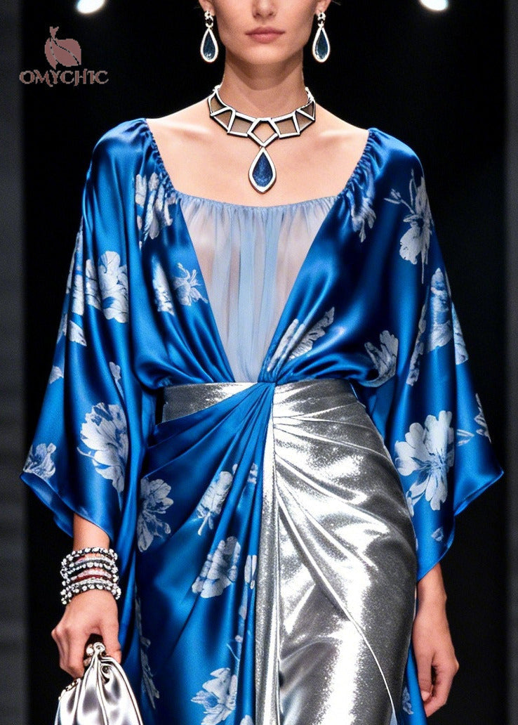 Floral Print Sleeve Mesh Panel Metallic Pleated Maxi Gown - View 2