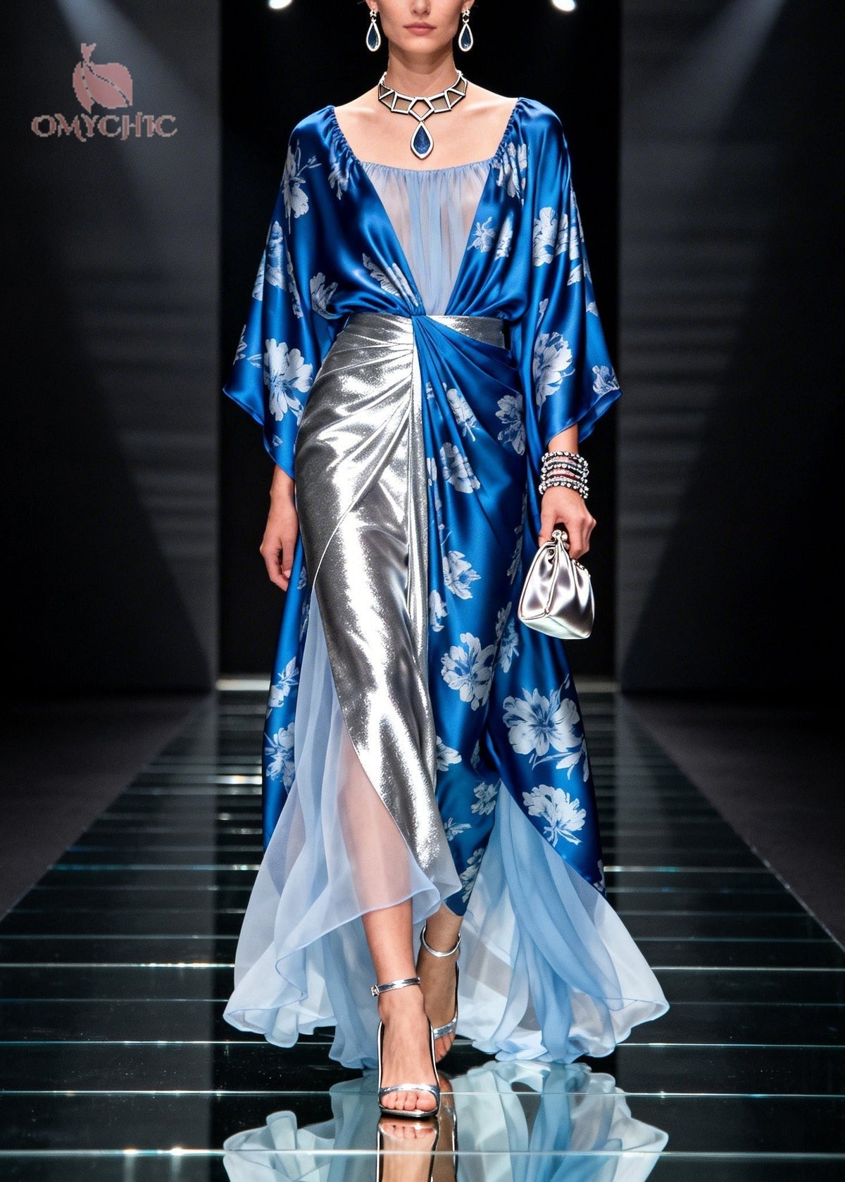 Floral Print Sleeve Mesh Panel Metallic Pleated Maxi Gown - View 3