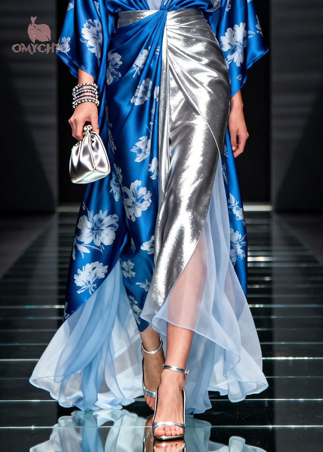 Floral Print Sleeve Mesh Panel Metallic Pleated Maxi Gown - View 4
