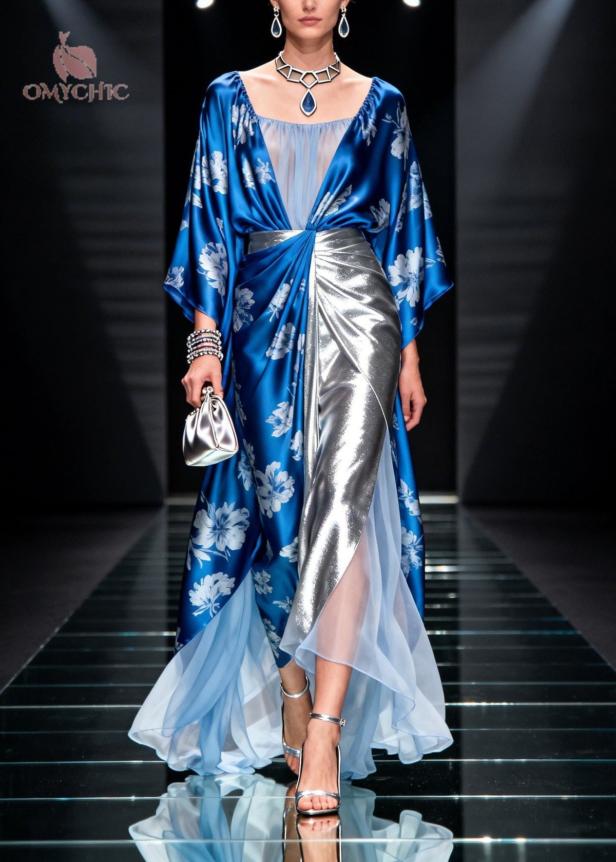 Floral Print Sleeve Mesh Panel Metallic Pleated Maxi Gown - View 5