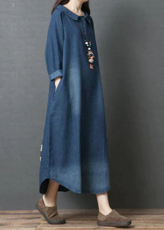 Denim Peter Pan Collar Half Button Patch Pocket Loose Fit Maxi Dress - View 2