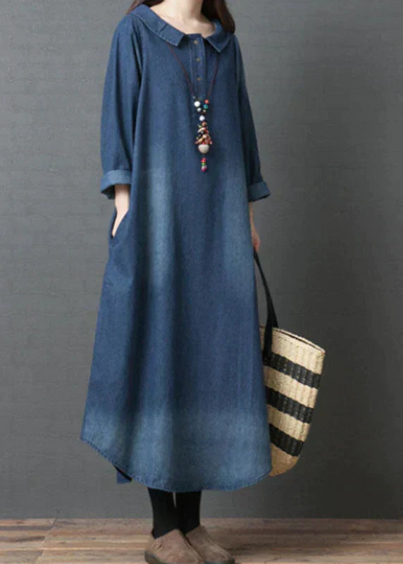 Denim Peter Pan Collar Half Button Patch Pocket Loose Fit Maxi Dress