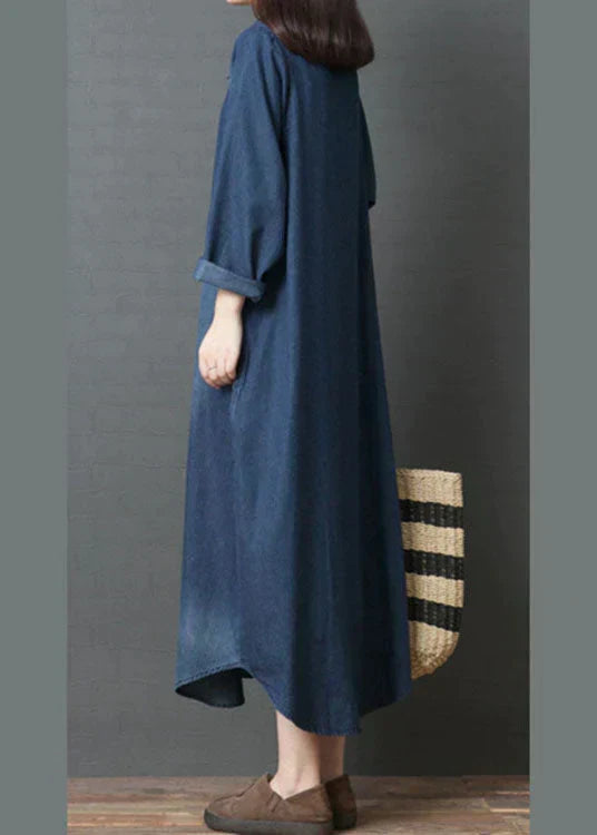 Denim Peter Pan Collar Half Button Patch Pocket Loose Fit Maxi Dress - View 4