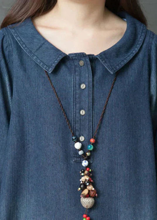 Denim Peter Pan Collar Half Button Patch Pocket Loose Fit Maxi Dress - View 5