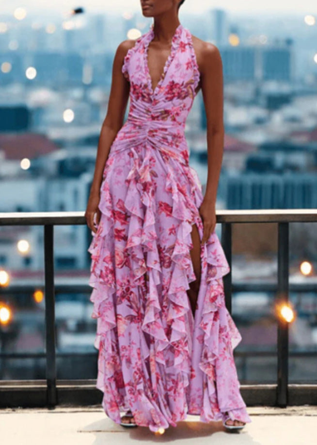 Handmade Blue Ruffled Asymmetrical Print Chiffon Long Dresses Sleeveless - View 2