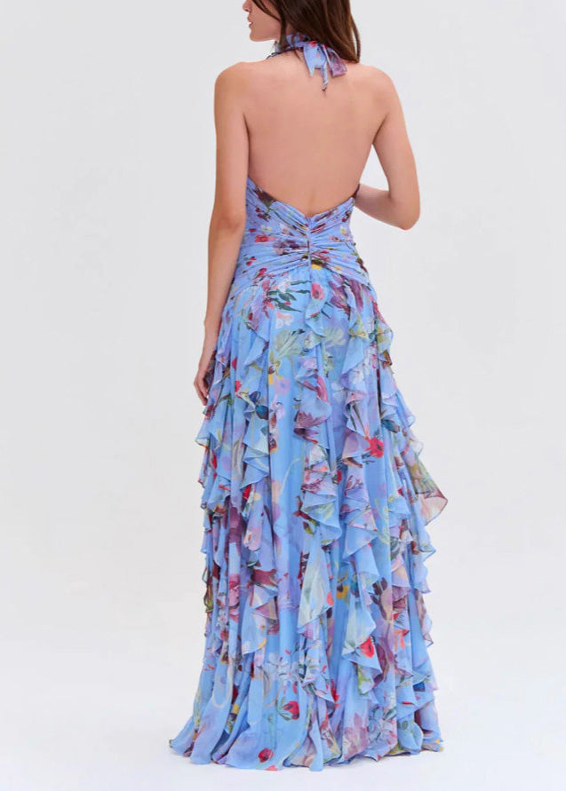 Handmade Blue Ruffled Asymmetrical Print Chiffon Long Dresses Sleeveless - View 3