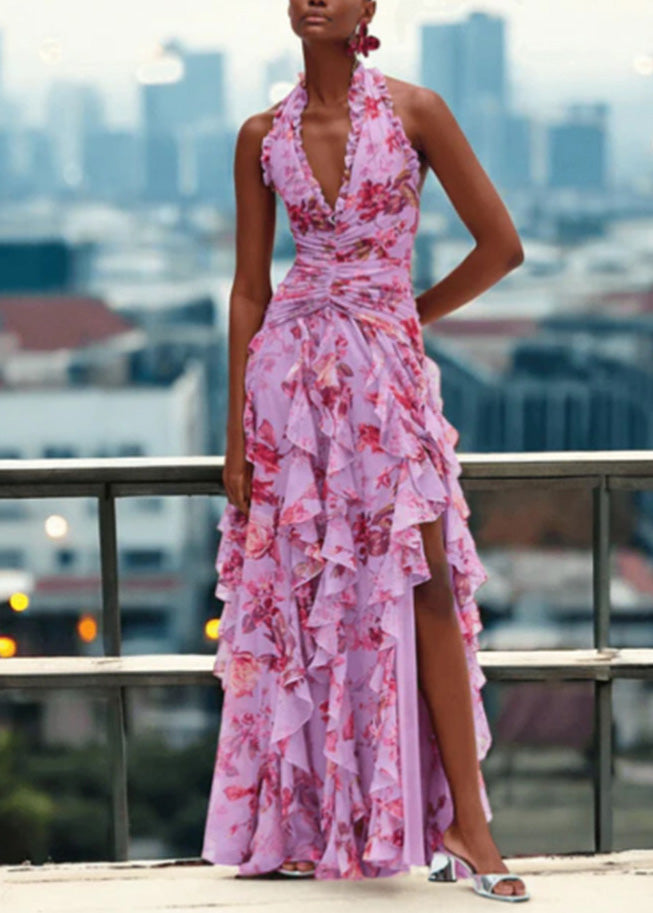 Handmade Blue Ruffled Asymmetrical Print Chiffon Long Dresses Sleeveless - View 4