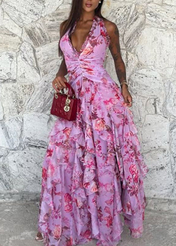 Handmade Blue Ruffled Asymmetrical Print Chiffon Long Dresses Sleeveless - View 5