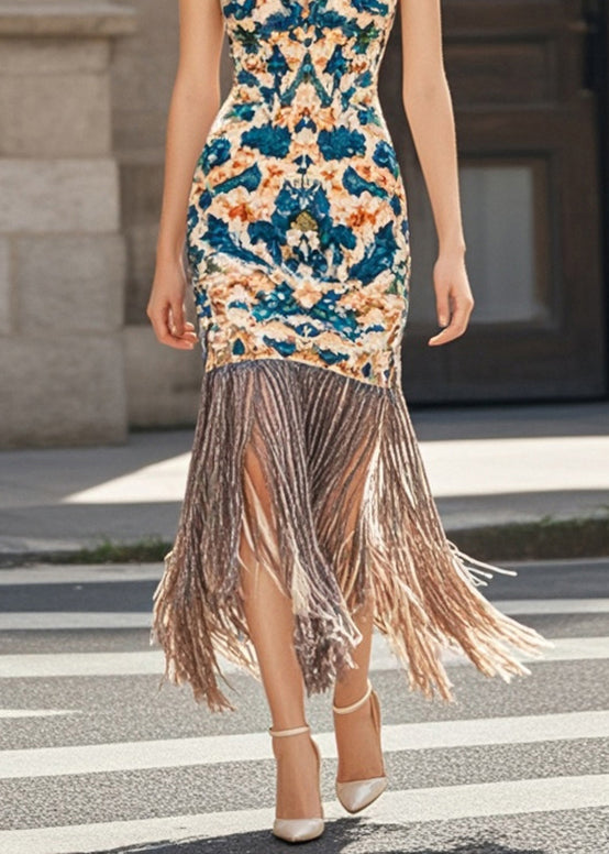 Ornate Damask Print Tassel Fringe Hem Sleeveless Midi Party Dress - View 4