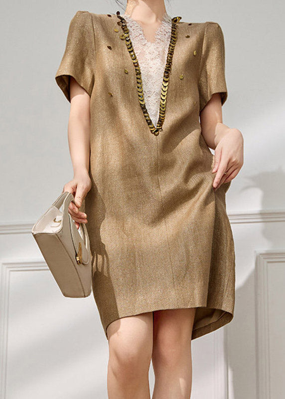Lace Inset Deep V-Neck Sequin Trim Metallic Woven Shift Mini Dress