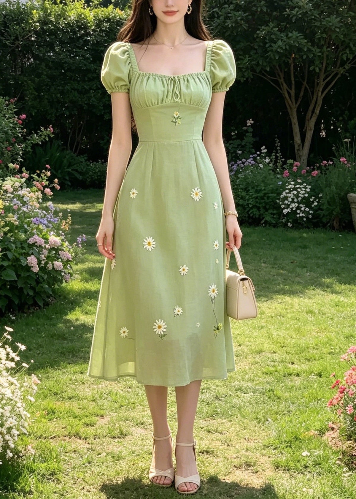Handmade Green Square Collar Tie Lace Embroidered Floral Long Dresses Puff Sleeve