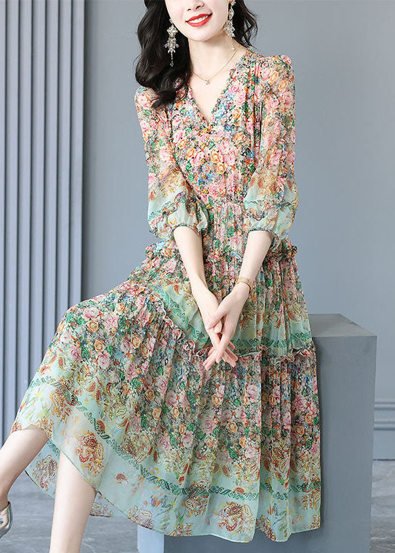 Floral Paisley Print V-Neck Tiered Ruffle Trim Midi Dress