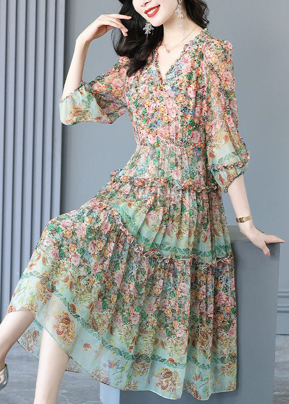 Floral Paisley Print V-Neck Tiered Ruffle Trim Midi Dress - View 2