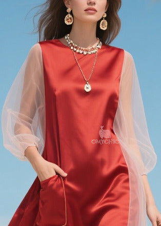Mesh Lantern Sleeve Round Neck Patch Pocket Satin Midi Dress - View 2