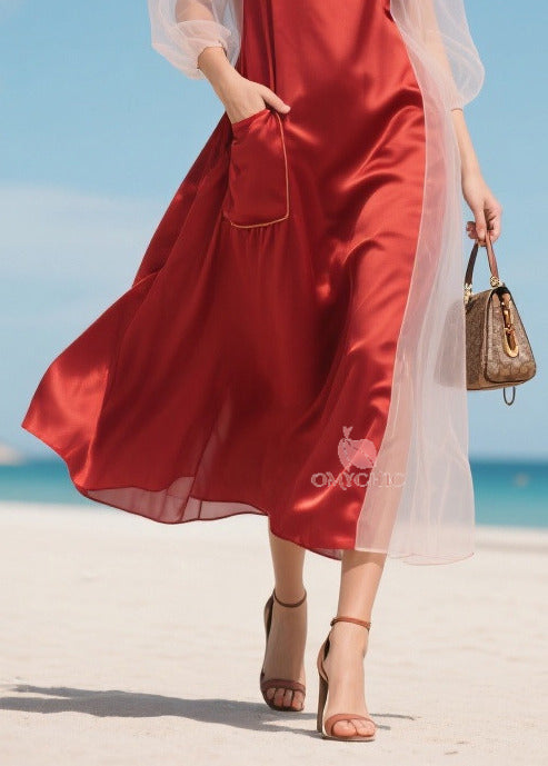 Mesh Lantern Sleeve Round Neck Patch Pocket Satin Midi Dress - View 4