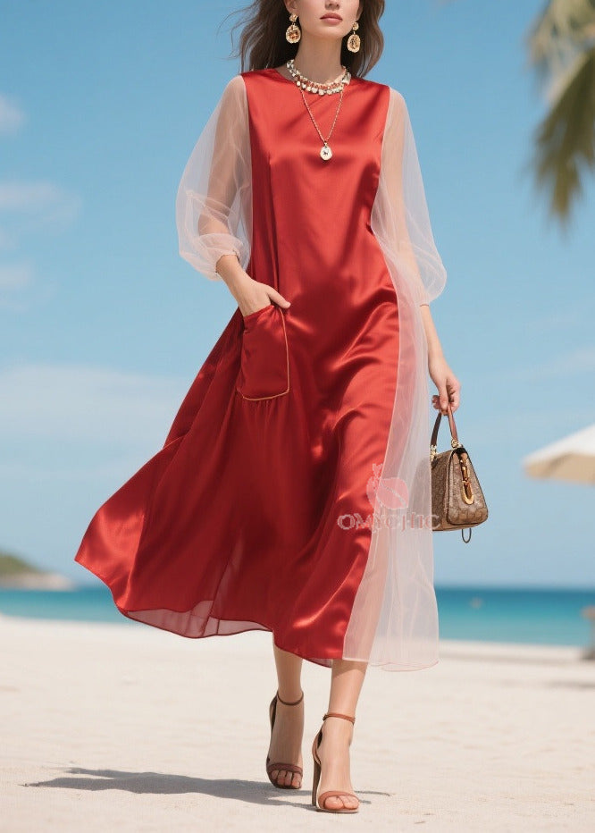 Mesh Lantern Sleeve Round Neck Patch Pocket Satin Midi Dress - View 5
