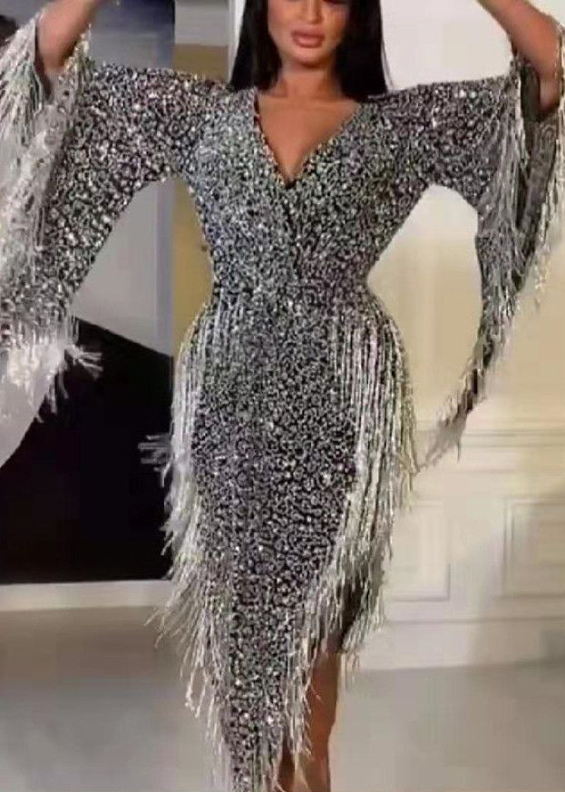 Sequin V-Neck Sleeveless Asymmetrical Bodycon Mini Party Dress - View 2