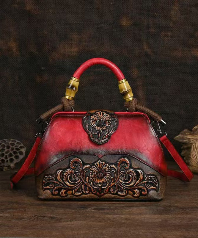 Red Vintage Calf Tote Bag Handmade Embossed Messenger Leather