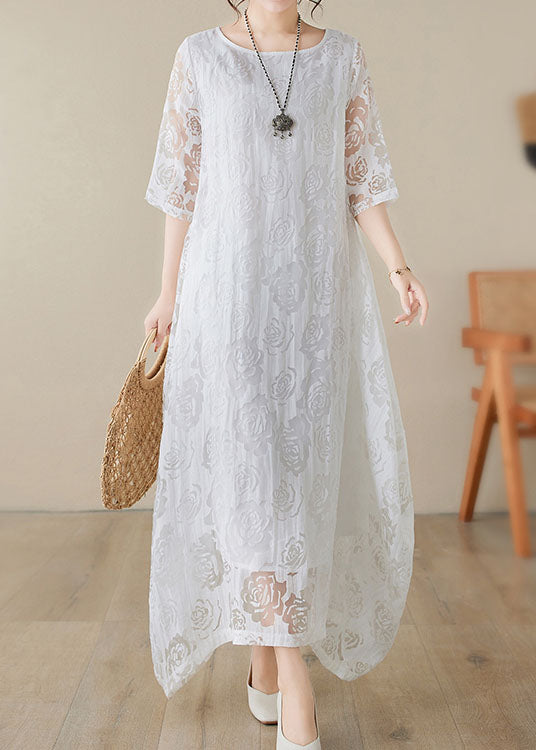 Floral Lace Burnout Overlay Round Neck Elbow Sleeve Maxi Dress