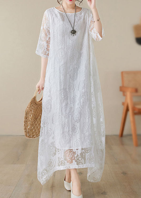 Floral Lace Burnout Overlay Round Neck Elbow Sleeve Maxi Dress - View 2