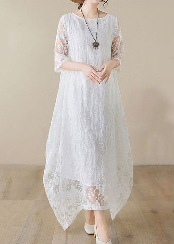 Floral Lace Burnout Overlay Round Neck Elbow Sleeve Maxi Dress - View 3