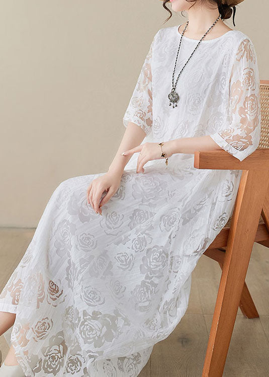 Floral Lace Burnout Overlay Round Neck Elbow Sleeve Maxi Dress - View 4