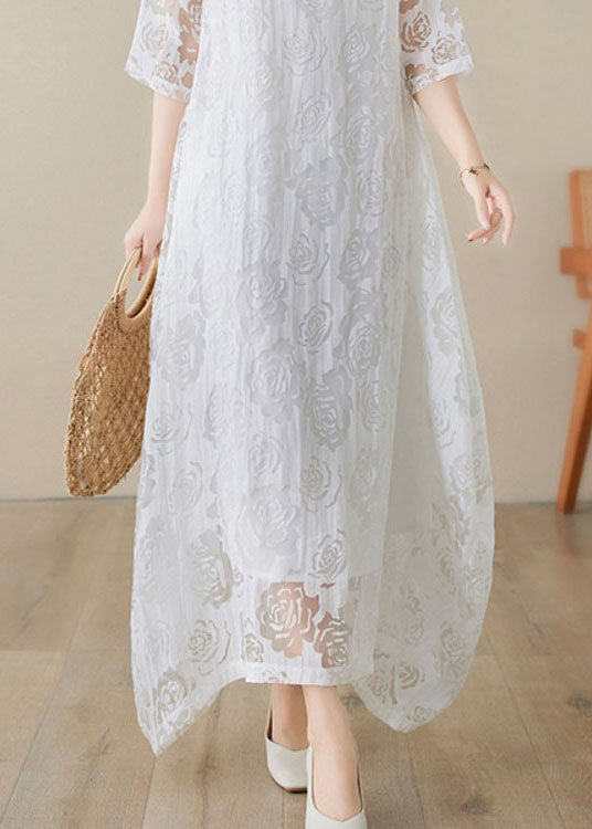 Floral Lace Burnout Overlay Round Neck Elbow Sleeve Maxi Dress - View 5