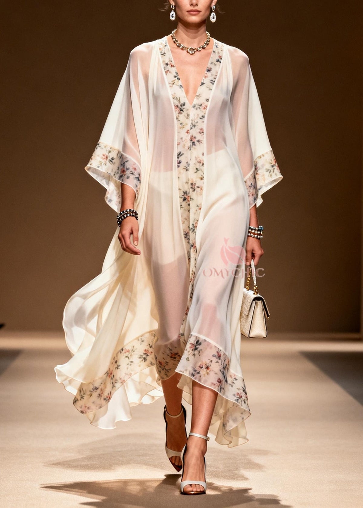 Sheer Chiffon Floral Border Deep V-Neck Sleeve Tiered Maxi Gown - View 5