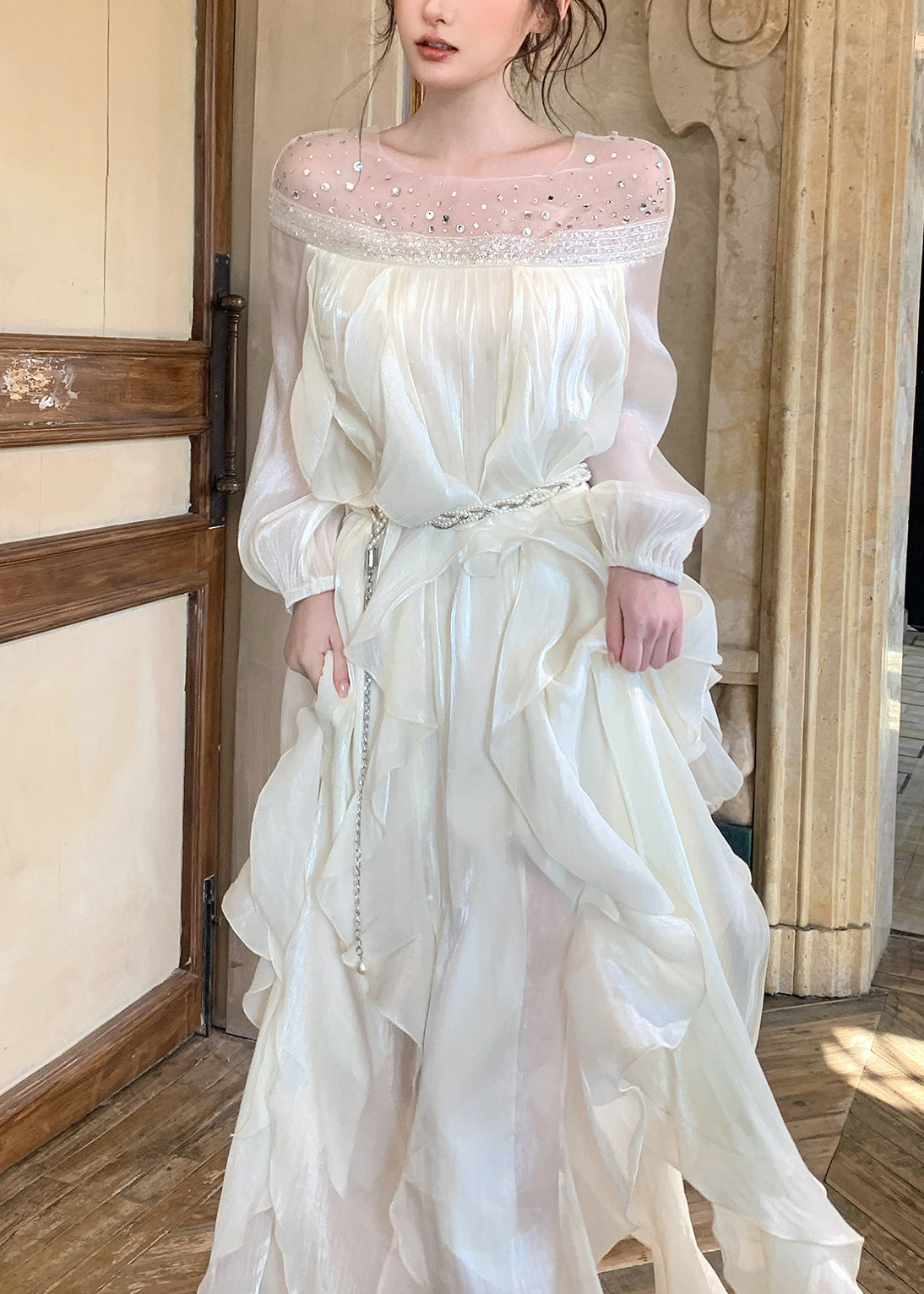 Sequin Bishop Sleeve Rhinestone Mesh Yoke High Split Ruffle Maxi Gown
