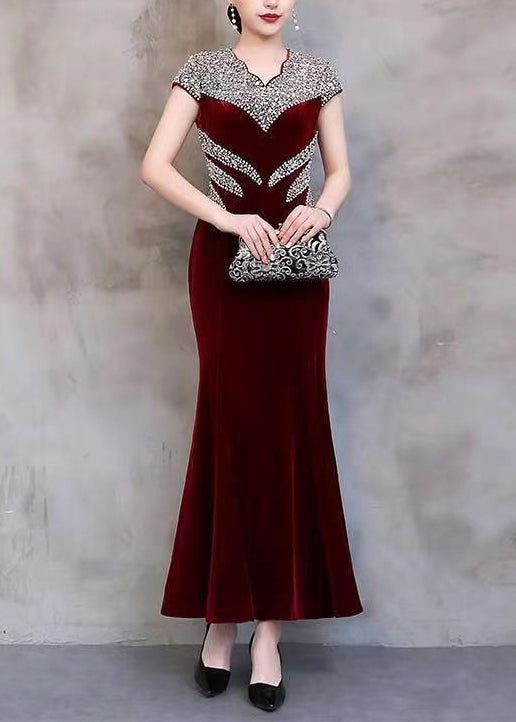 Sequin Embellished Scalloped V-Neck Cap Sleeve Velvet Mermaid Gown