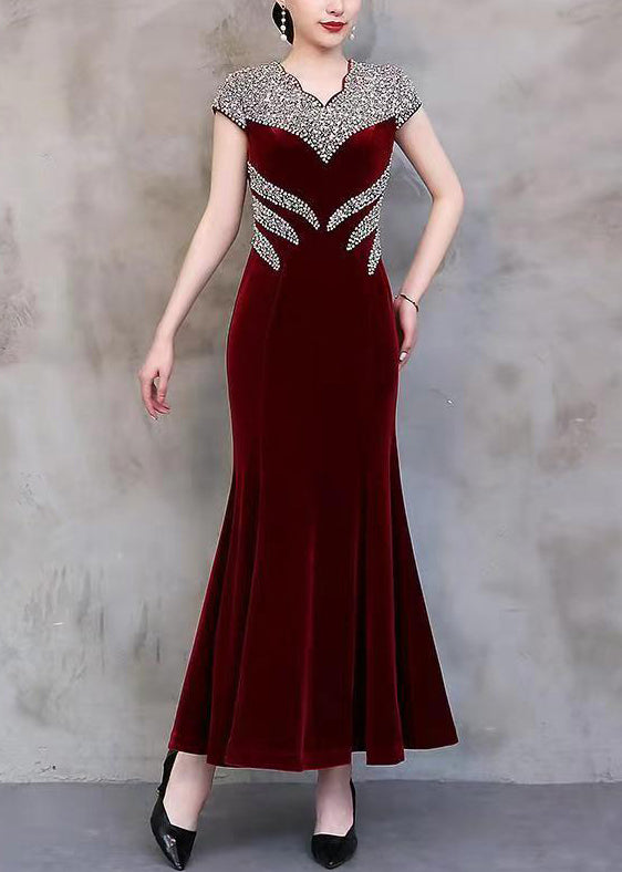 Sequin Embellished Scalloped V-Neck Cap Sleeve Velvet Mermaid Gown - View 2