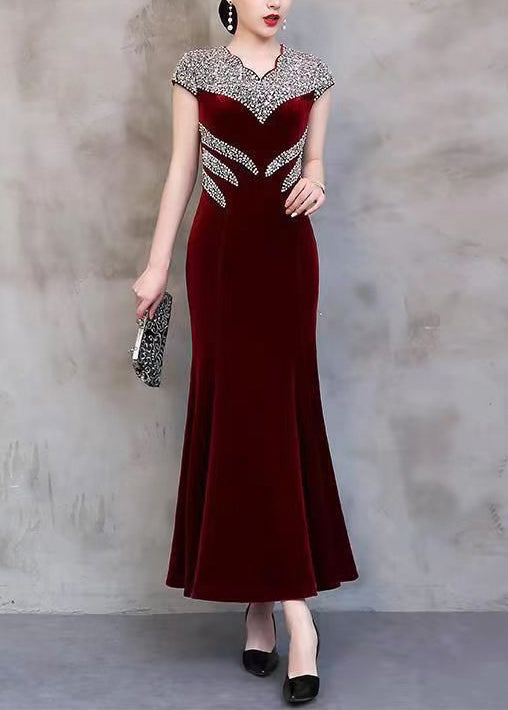 Sequin Embellished Scalloped V-Neck Cap Sleeve Velvet Mermaid Gown - View 3