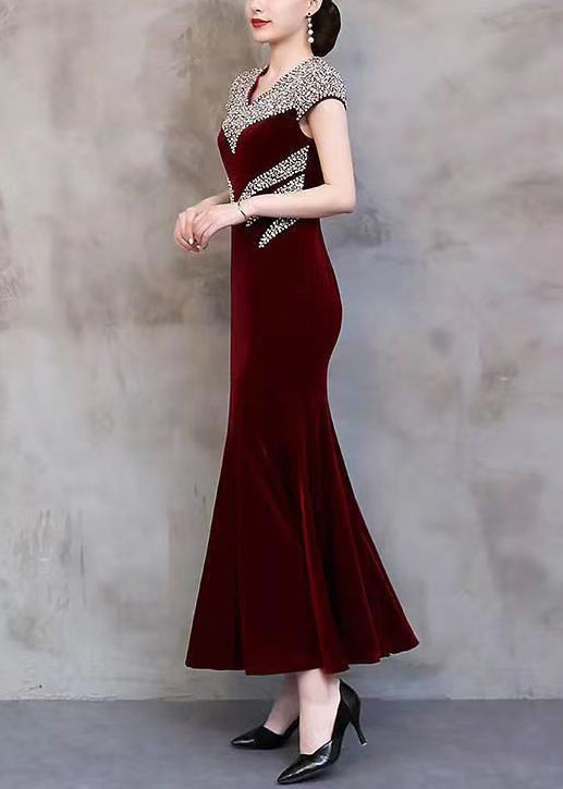 Sequin Embellished Scalloped V-Neck Cap Sleeve Velvet Mermaid Gown - View 4
