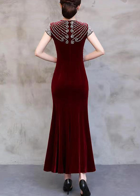 Sequin Embellished Scalloped V-Neck Cap Sleeve Velvet Mermaid Gown - View 5