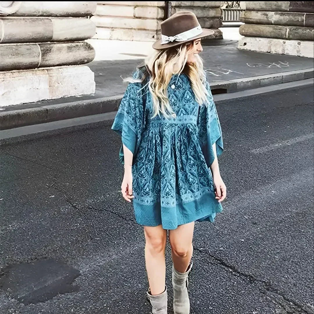Green Floral Print Loose O-neck Batwing Sleeve Mini Boho Dress Green / S bohodress-250126
