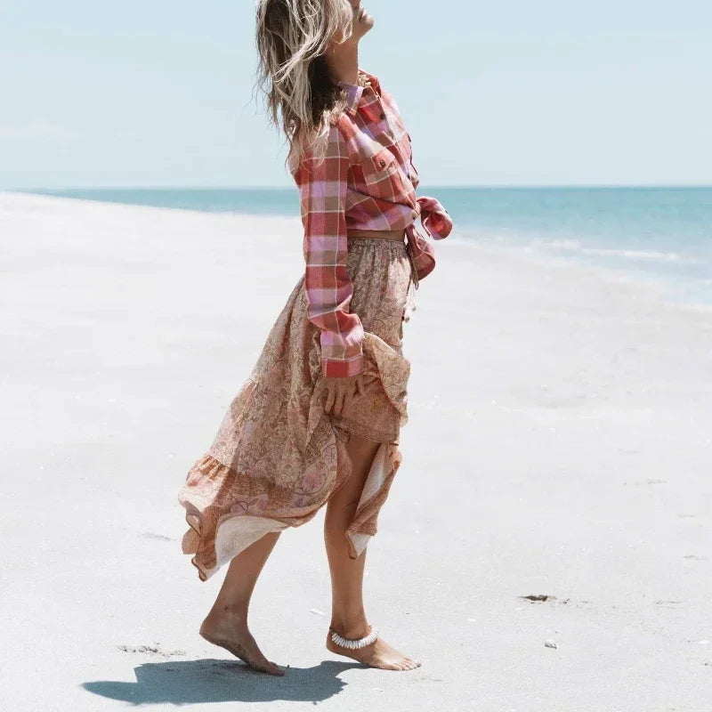 Vintage Floral Peacock Printed High Waist Beach Boho Skirt