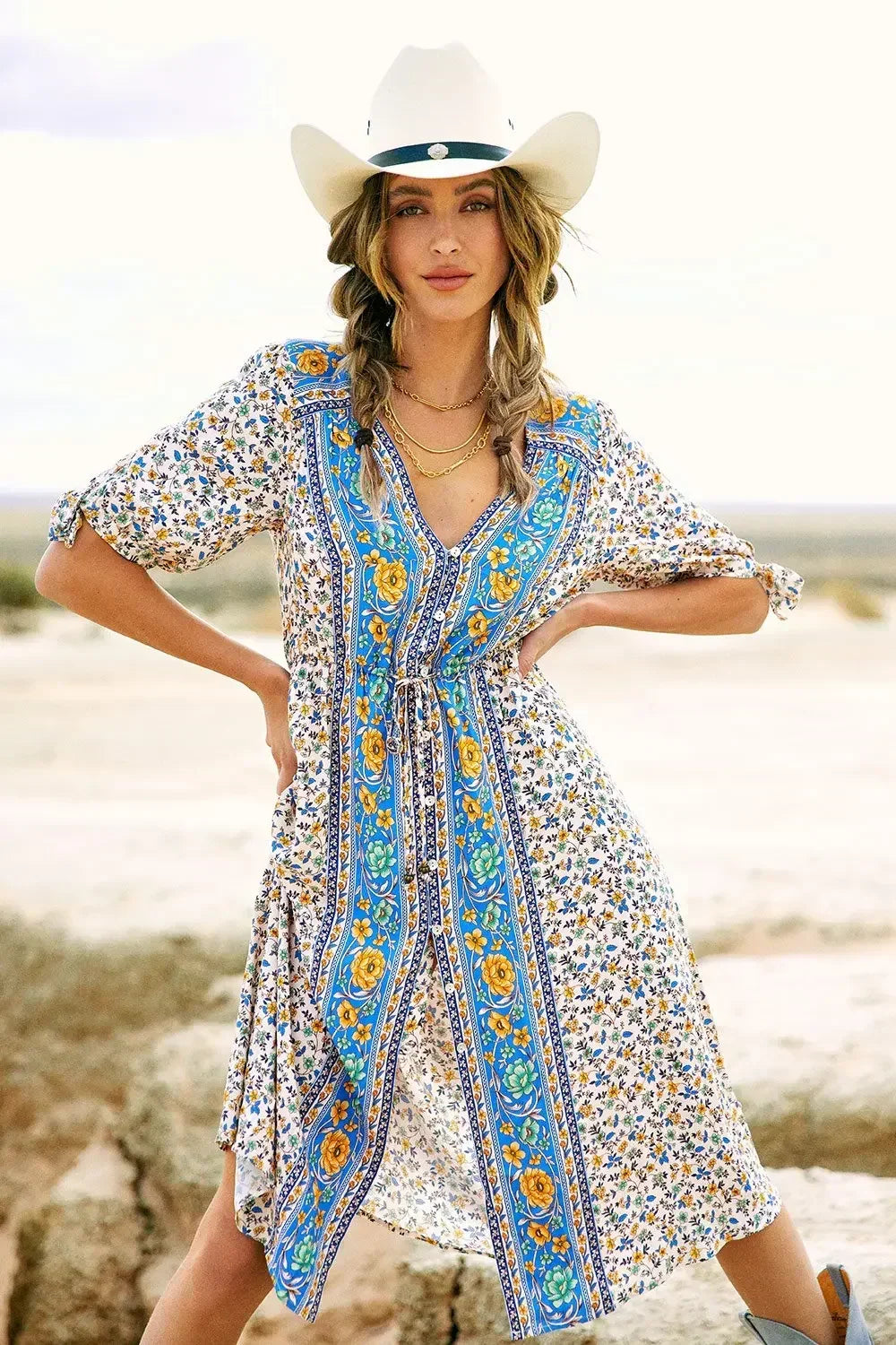 Border Floral Print V-Neck Short Sleeve Button Front Midi Dress