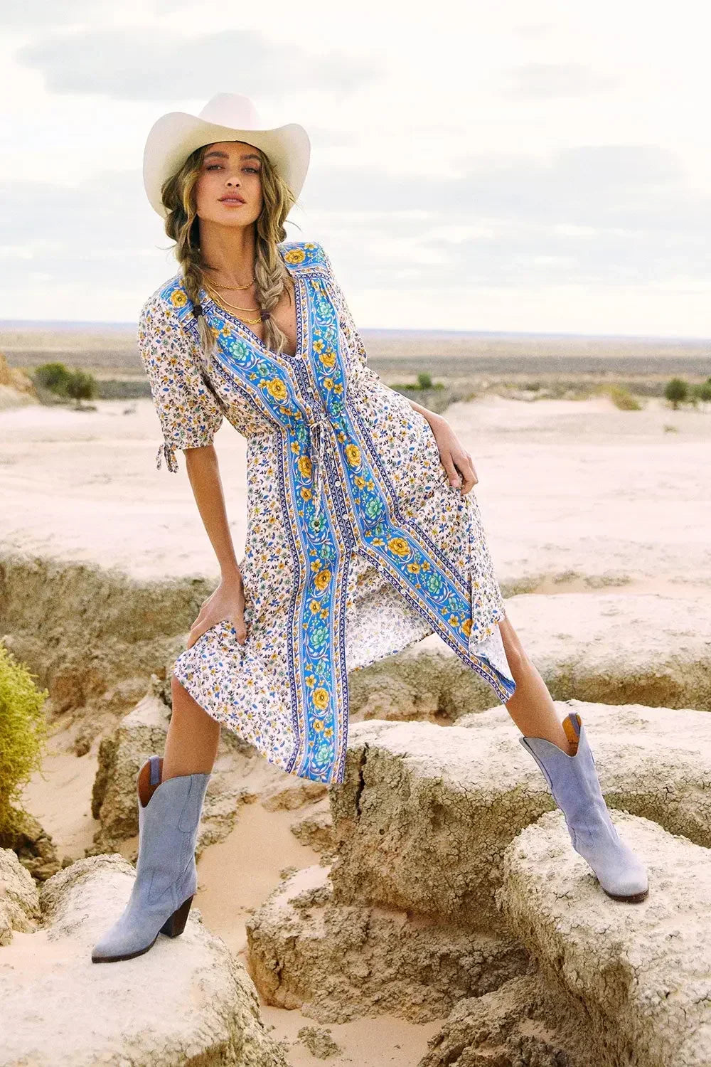Border Floral Print V-Neck Short Sleeve Button Front Midi Dress 2