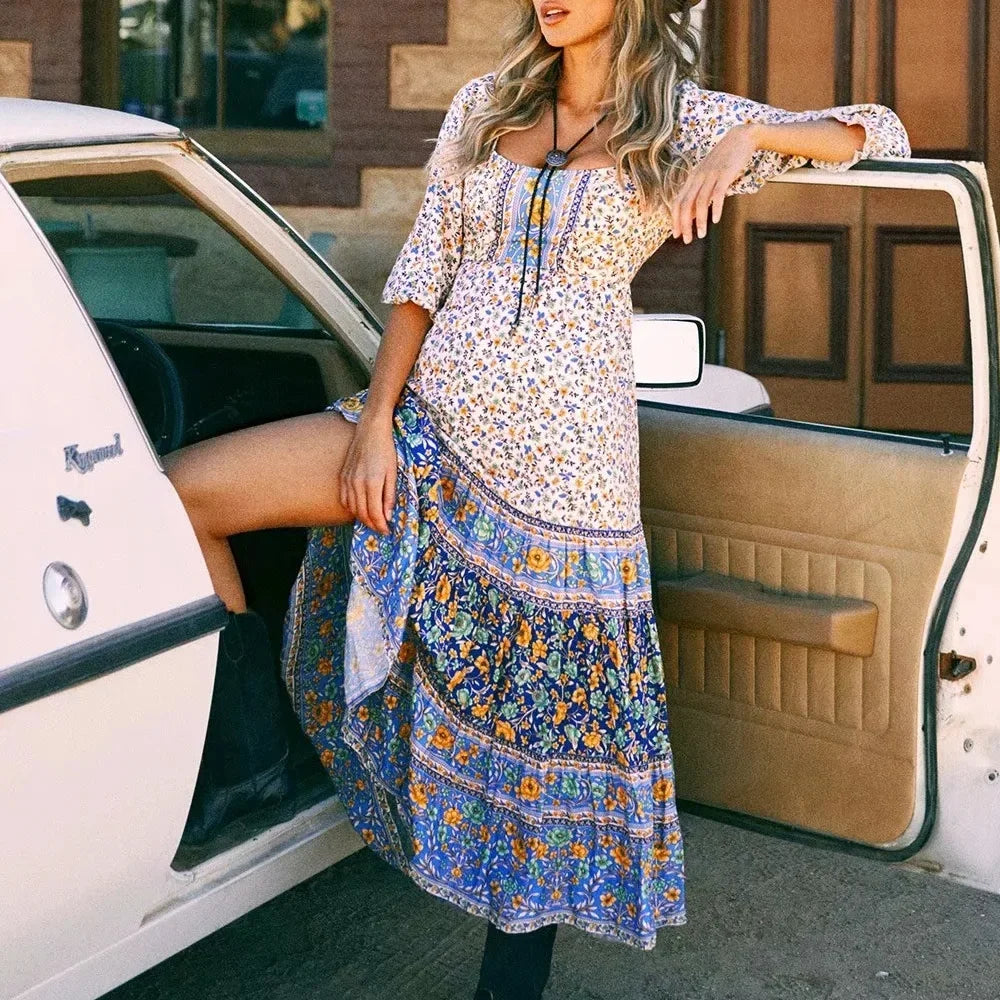 Floral Print Square Neck Puff Sleeve Tiered Maxi Dress