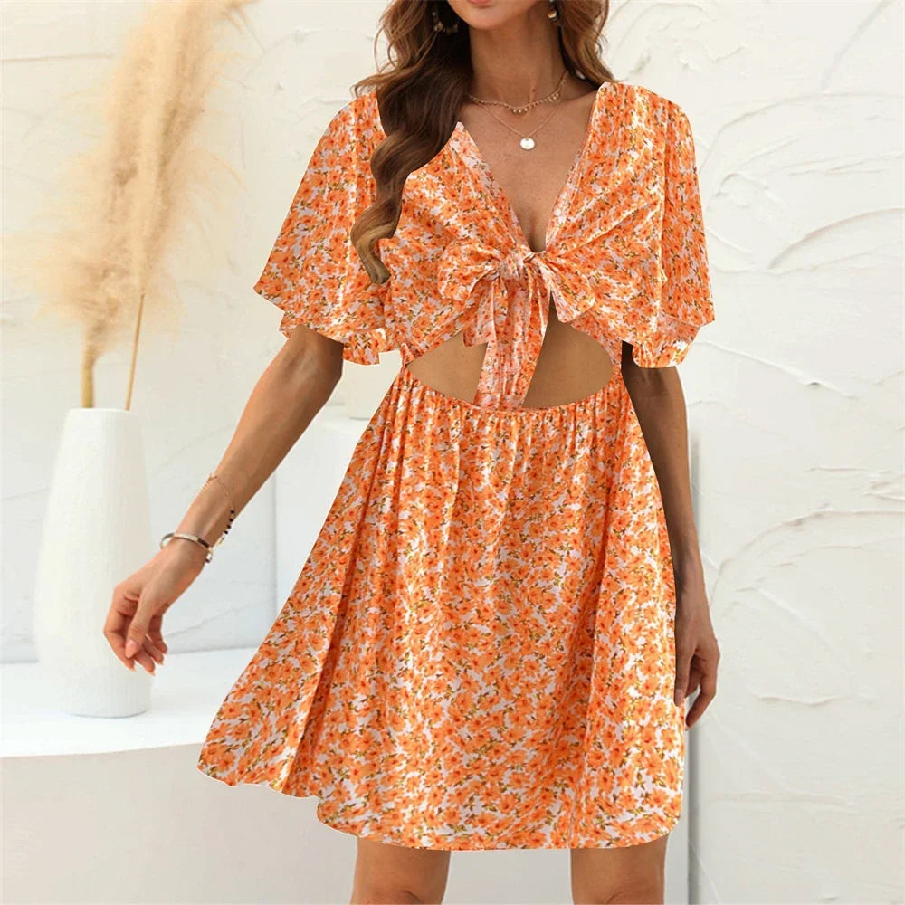 Floral Print Rayon Deep Bow Neck Short Sleeve Sexy Hollow Out Mini Boho Dress Orange / M bohodress-250126