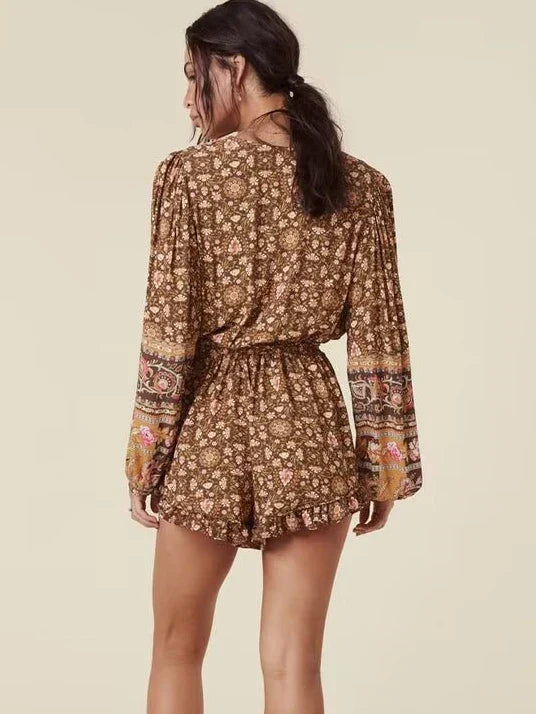 Floral Print Sashes V-neck Long Sleeve Tassel Rayon Boho Romper