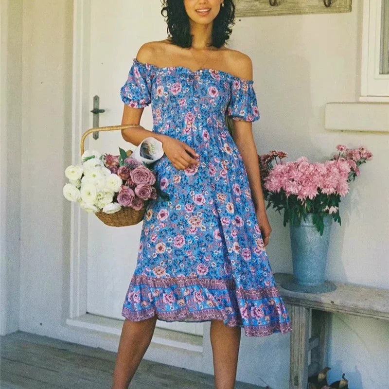 Floral Print Short Sleeve Sexy Off Shoulder Vacation Midi Boho Dress Purple / XS bohodress-250126