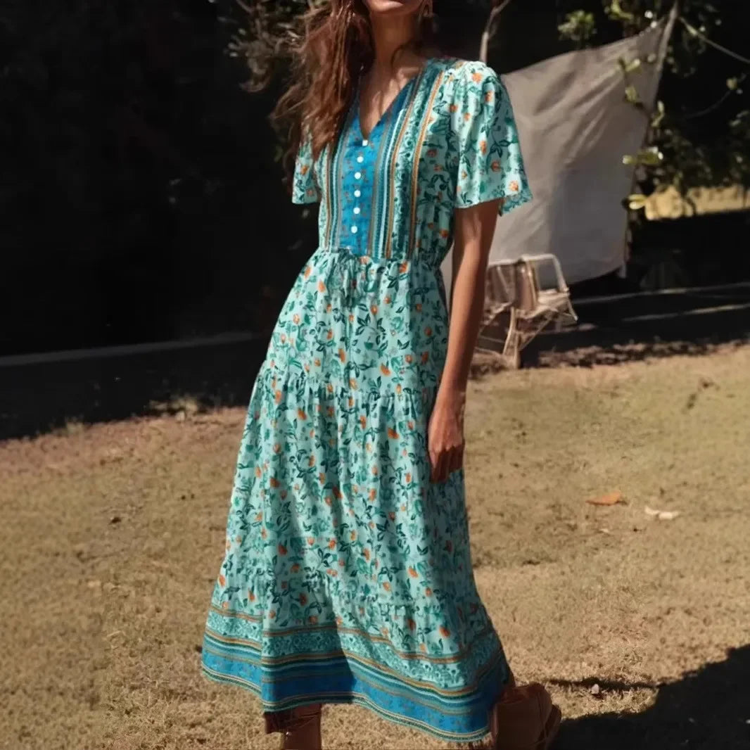 Floral Print V-Neck Short Sleeve Tiered Maxi Dress