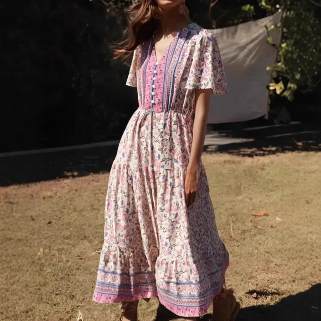 Floral Print V-Neck Short Sleeve Tiered Maxi Dress 2