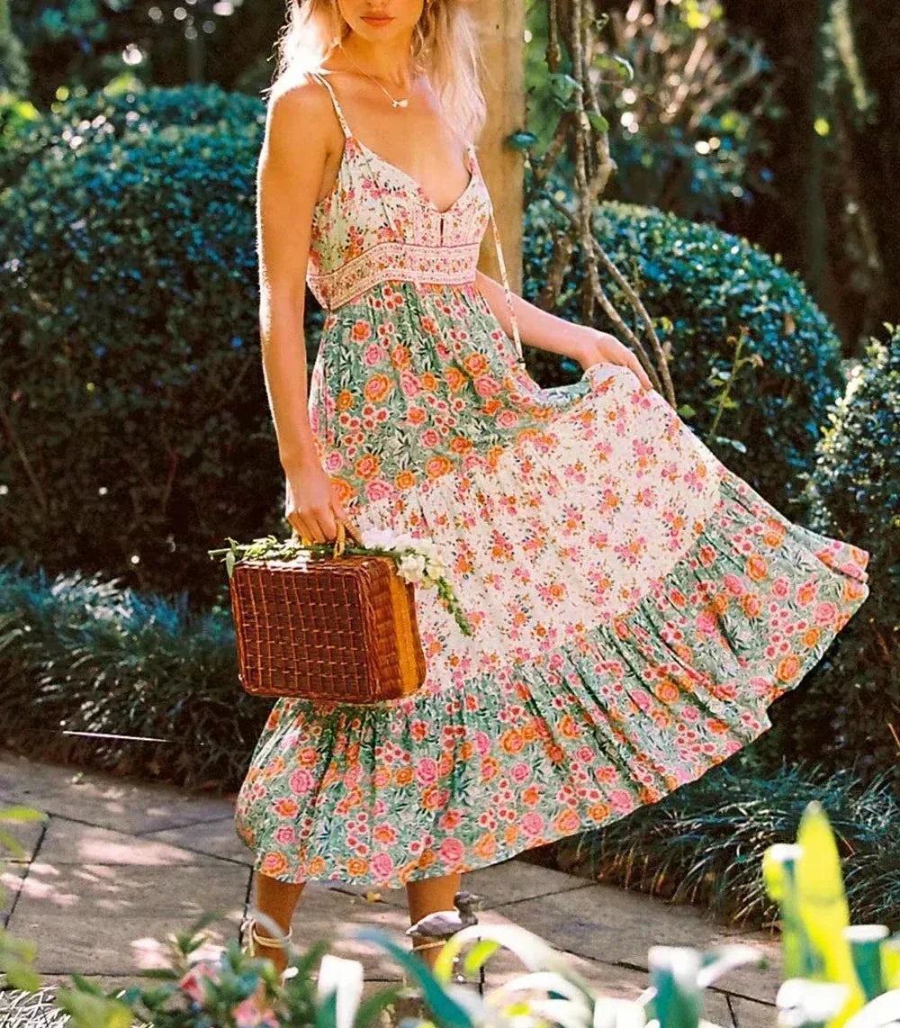 Floral Print V-Neck Tiered Maxi Dress