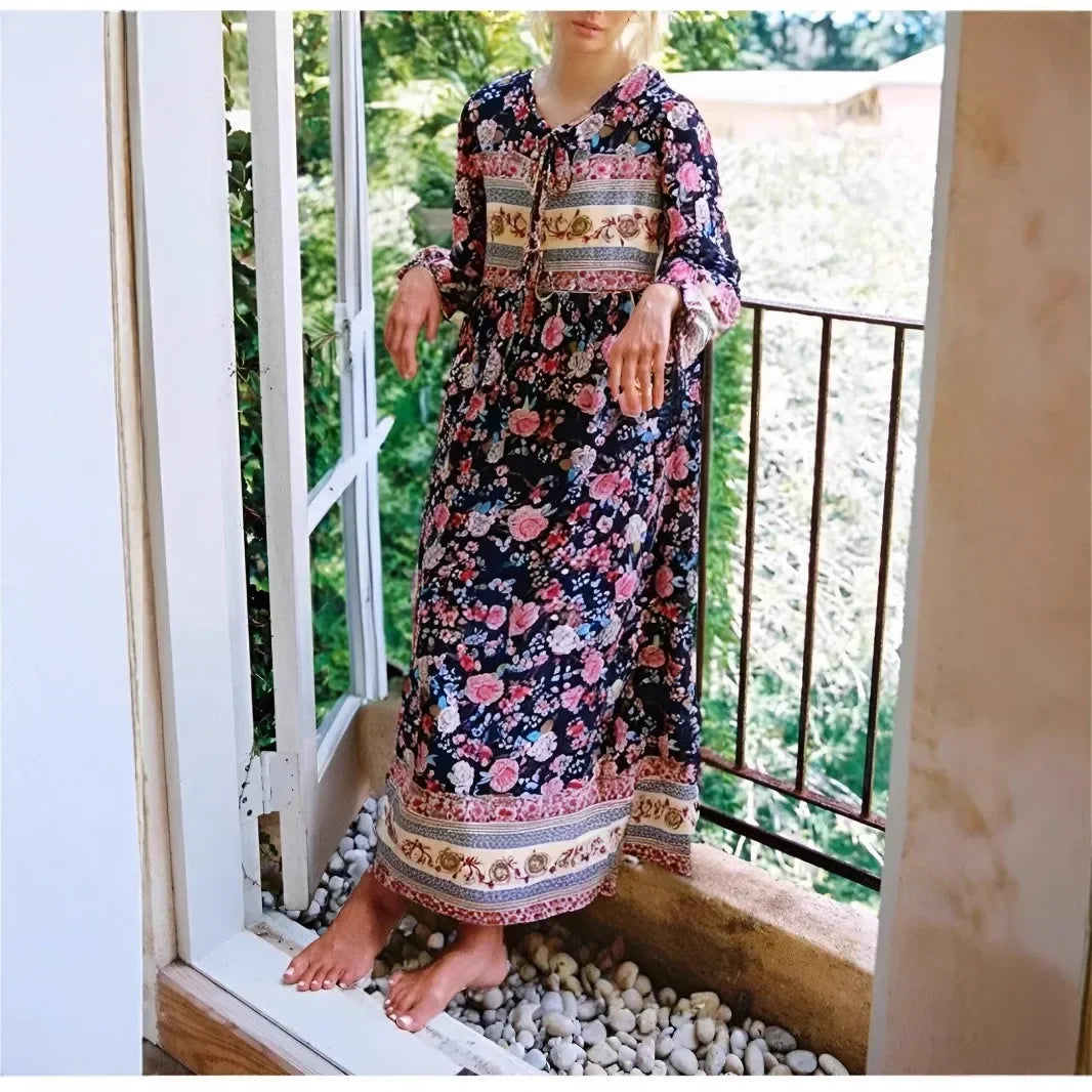 Green Floral Print Tie Neck Long Sleeve Rayon Summer Maxi Boho Dress Black / S bohodress-250126