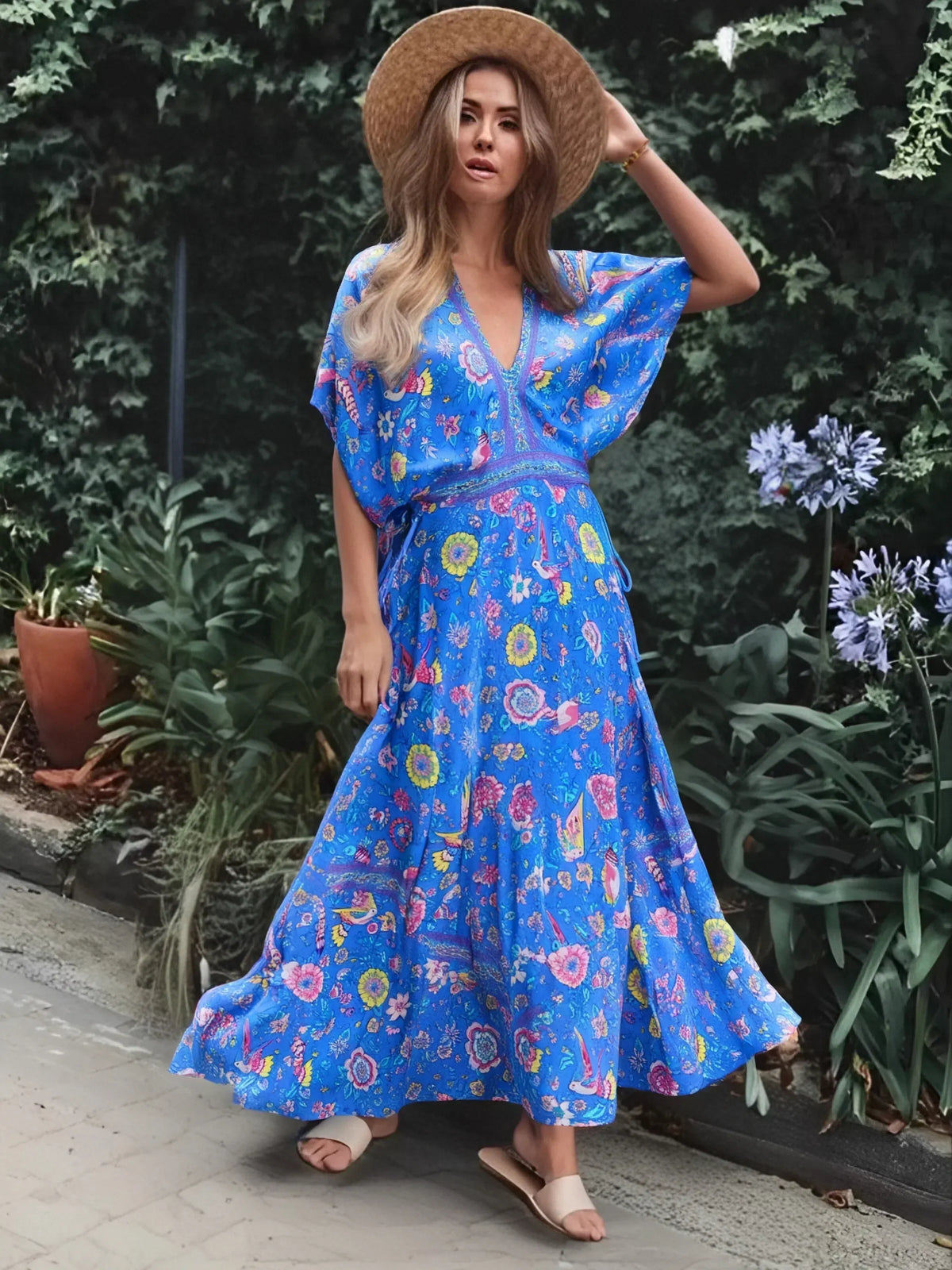 Peacock Floral Print V-neck Tassel Rayon Vacation Boho Dress Blue / S bohodress-250126